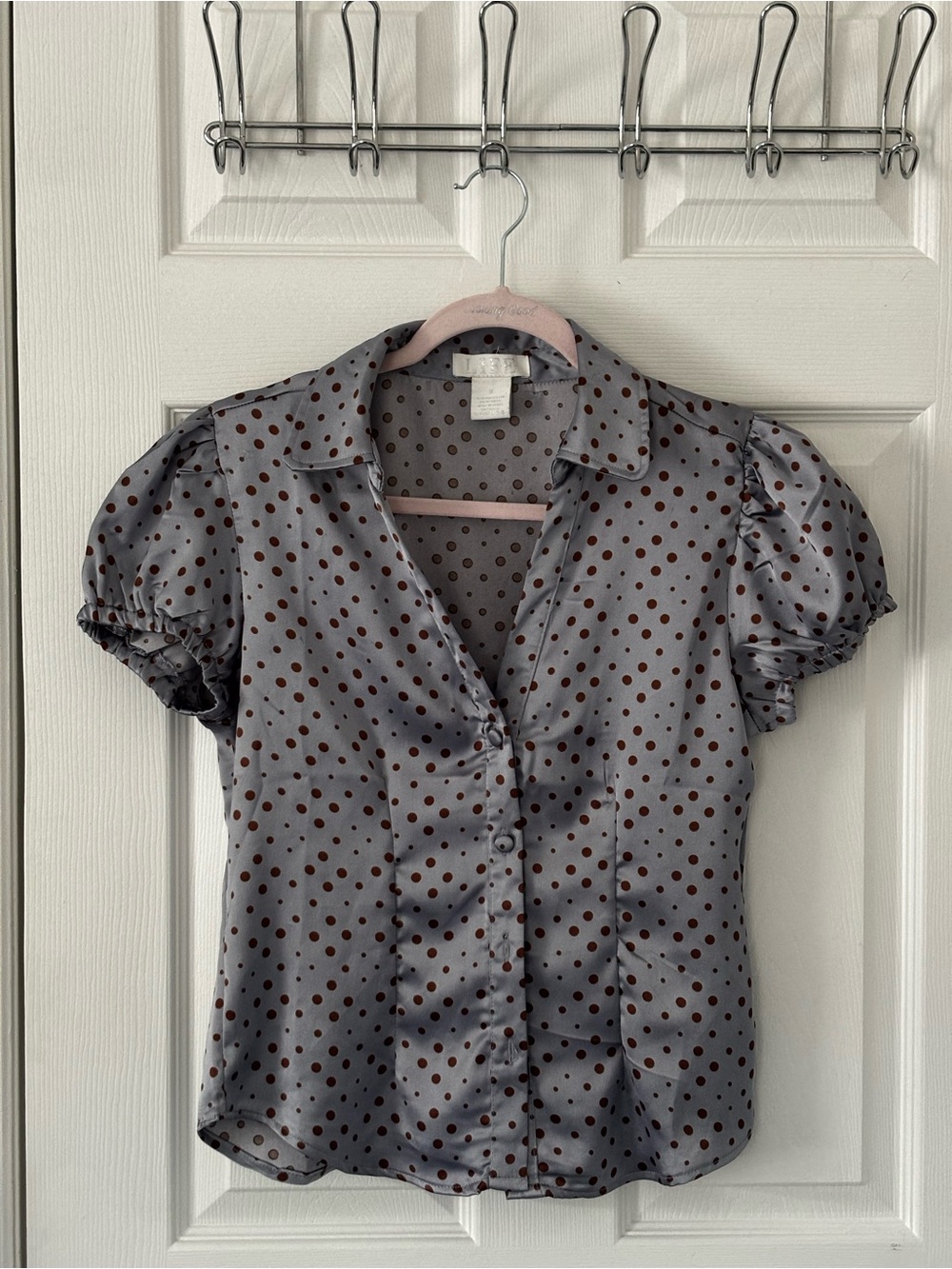 Vintage Polka Dot Puff Sleeve Blouse in Gray with Brown Dots